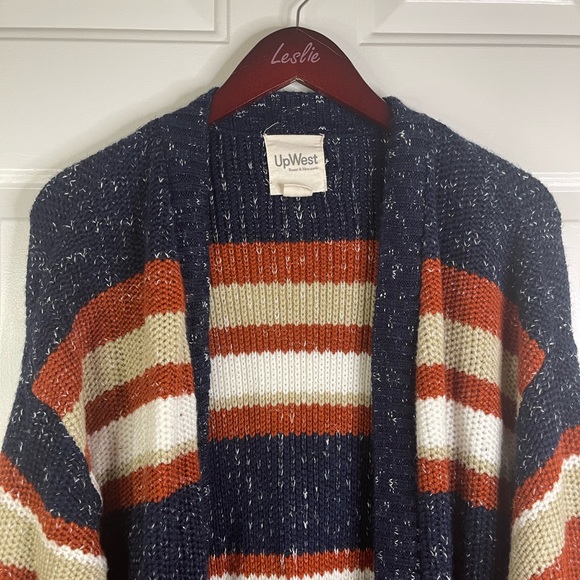 Upwest knitted multi color striped open front sweater cardigan. - Picture 6 of 9